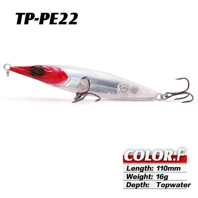 TacklePRO PE22 topwater StickBait Wobblers Lure 110mm 16g Long Casting Pencil Floating Hard Fishing Bait Mustad Hooks